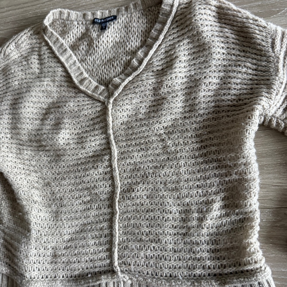 Eileen Fisher Vneck Yak Wool Open Knit Sweater Neutral Tan size Medium - Picture 3 of 9